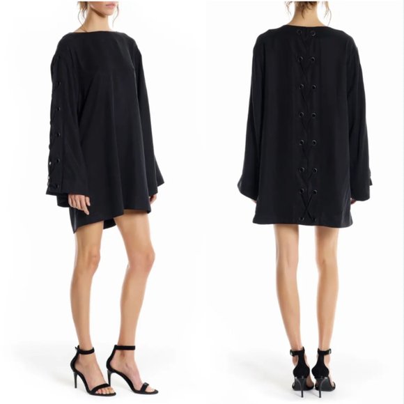 Kendall + Kylie Black Tencel Lace Up Bell Sleeve Mini Dress - Picture 1 of 4